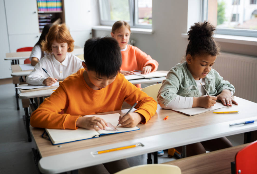 Crianças estudando em uma sala de aula